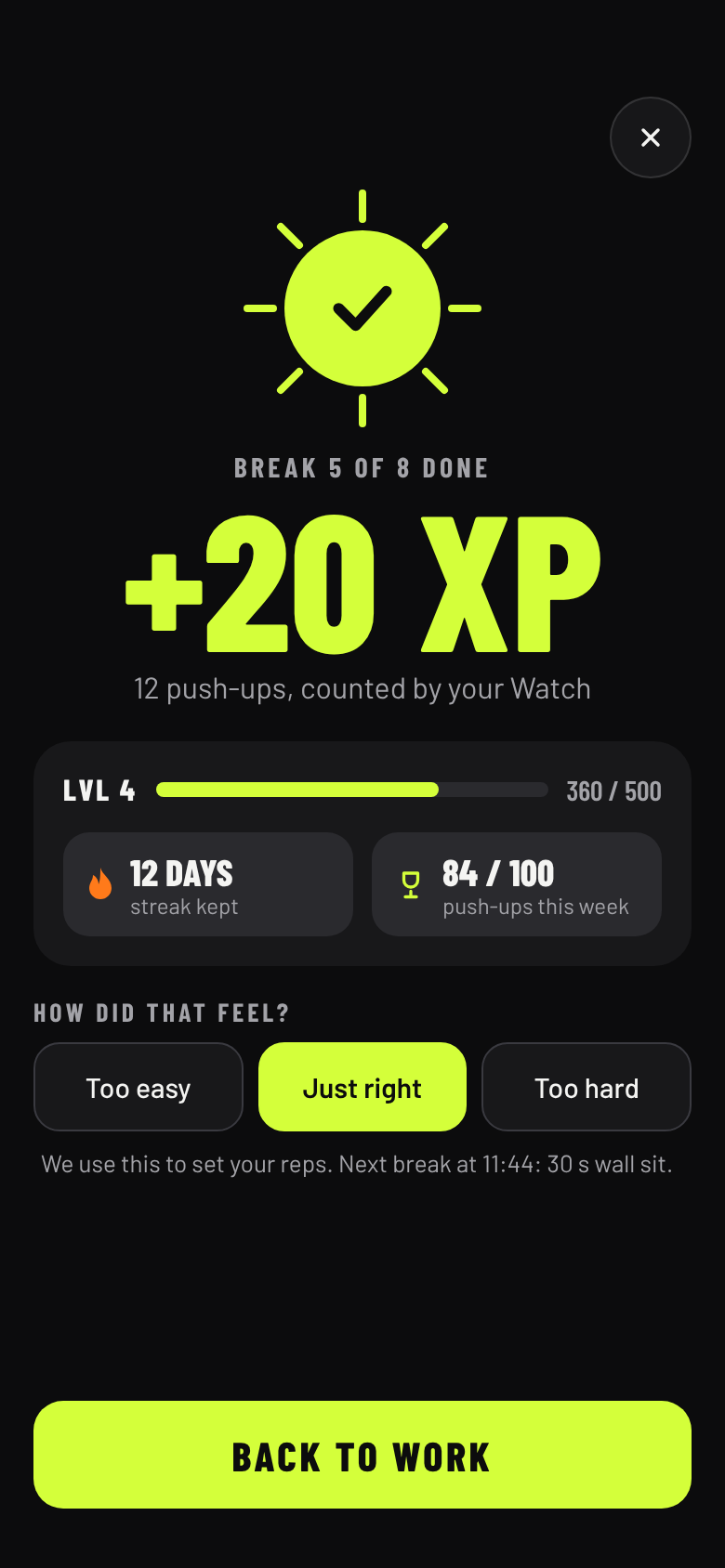 Pauze klaar: +20 XP voor 12 push-ups