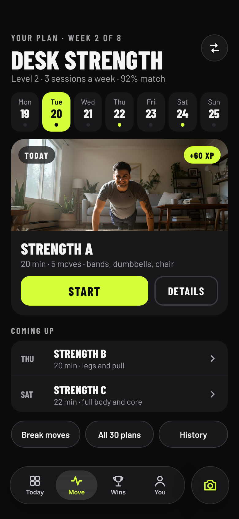 Het scherm Bewegen: week 2 van het plan Kantoorkracht, met de workout van vandaag